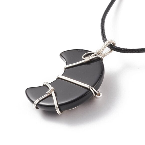 NWOT Beautiful Handmade Wire wrap Natural Obsidian Gemstone Moon Necklace - Picture 5 of 7